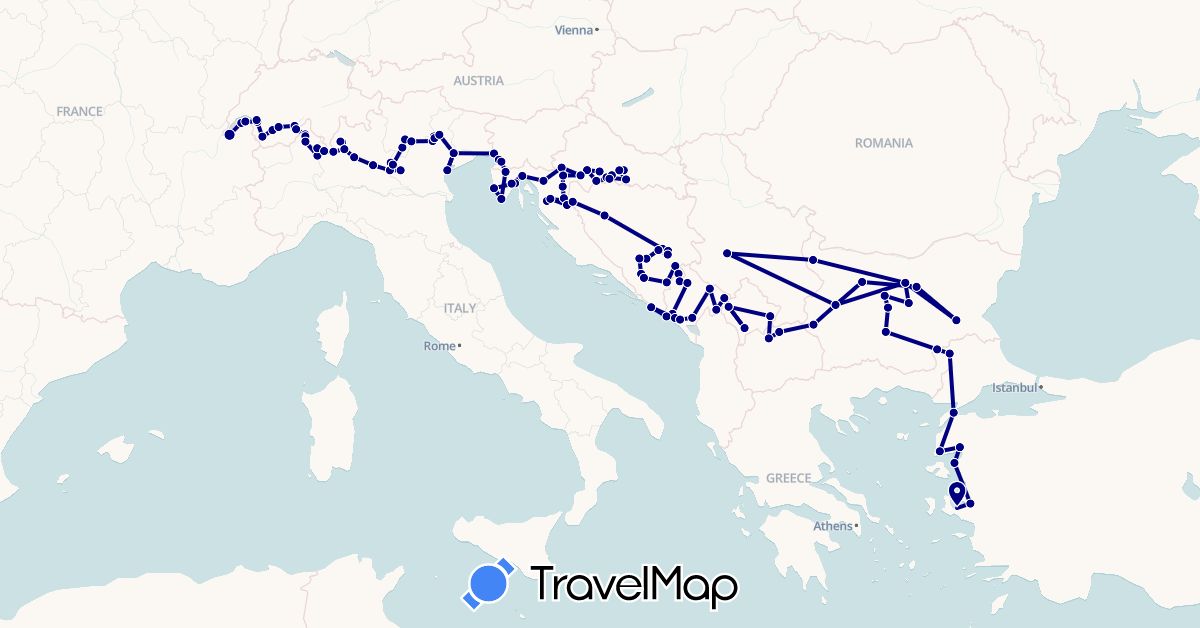 TravelMap itinerary: driving in Bosnia and Herzegovina, Bulgaria, Switzerland, France, Croatia, Italy, Montenegro, Macedonia, Serbia, Turkey (Asia, Europe)